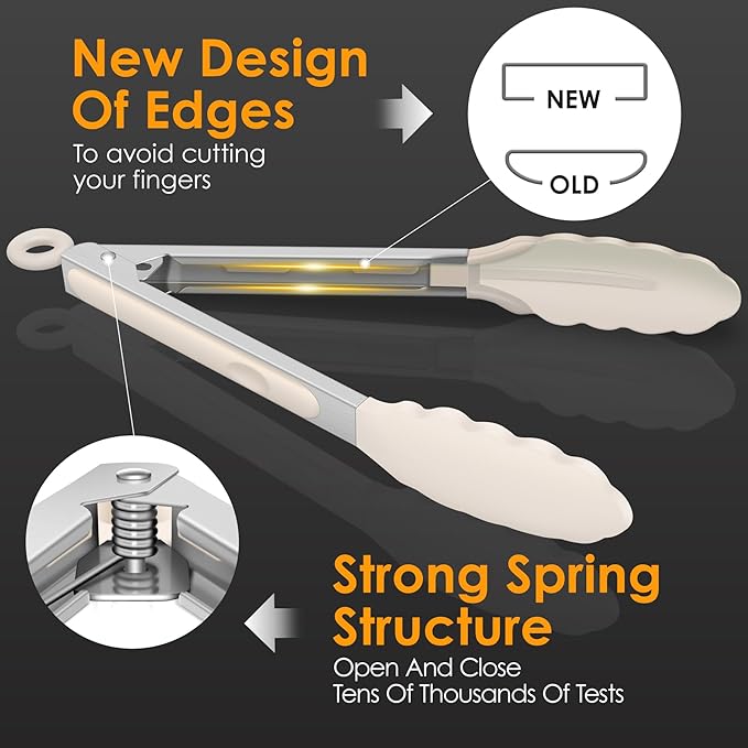HOTEC Premium Stainless Steel Locking Kitchen Tongs with Silicon Tips, Set of 2-9" and 12",Khaki