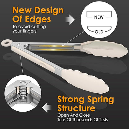 HOTEC Premium Stainless Steel Locking Kitchen Tongs with Silicon Tips, Set of 2-9" and 12",Khaki