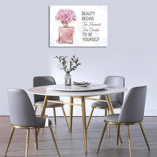 arteWOODS Fashioner Perfume Canvas Wall Art Gold Bottle Pink Flower Canvas Pictures Brown Inspirational Words Canvas Prints Motivational Quetos Wall Decor for Bathroom Bedroom Powder Room 28" X 20"