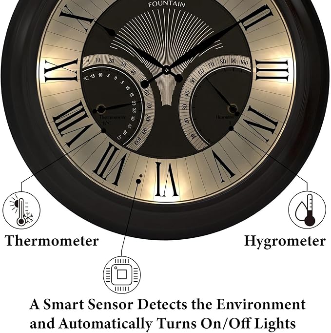24" Jameson in/Outdoor Lighted Clock, Self-Illuminated, Waterproof, 3 in 1 Weather Station (Thermometer & Hygrometer), Metal Clock, Oil Rubbed Bronze Finish(Night Light)