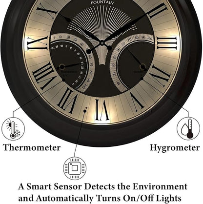 24" Jameson in/Outdoor Lighted Clock, Self-Illuminated, Waterproof, 3 in 1 Weather Station (Thermometer & Hygrometer), Metal Clock, Oil Rubbed Bronze Finish(Night Light)