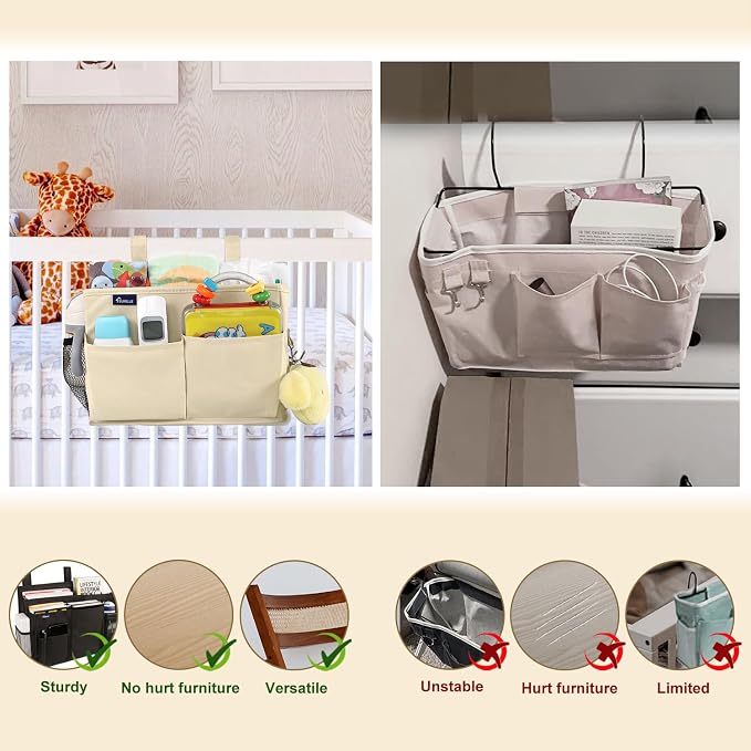 Surblue Bedside Caddy Hanging Organizer Storage Bag Pocket for Bunk, Hospital, College Dorm Rooms, Baby Bed Rails, Camp - 8 Pockets, Large, Beige