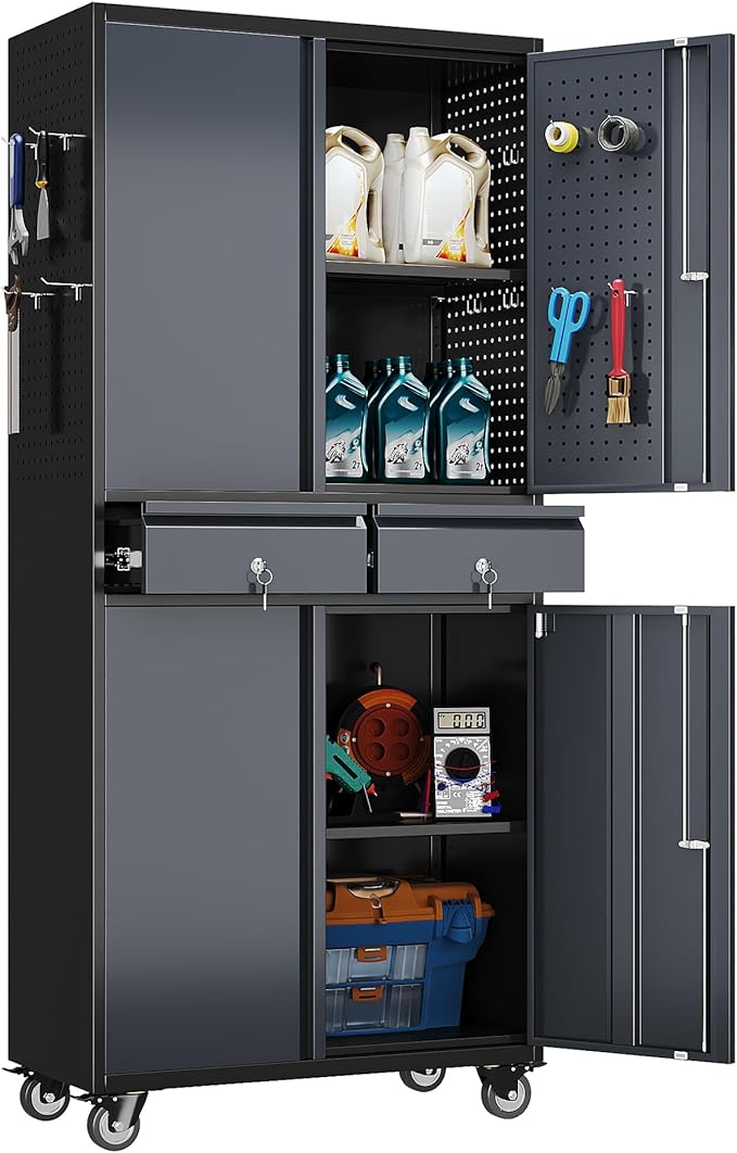 Metal Garage Storage Cabinet with 2 Drawers and 2 Adjustable Shelves, Rolling Tool Storage Cabinet with Wheels and Locking Doors for Garage, Warehouse, Assembly Required, Black and Dark Gray