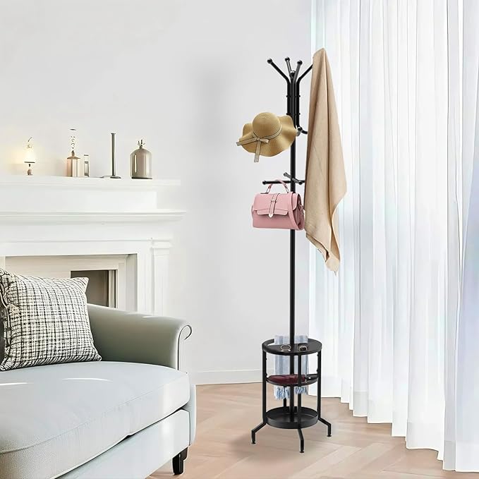 Coat Rack Freestanding, Coat Stand with Umbrella Holder, Metal Coat Tree with 12 Hooks, Coat Hanger Stand for Entryway, Coat Rack Stand for Bedroom, Living Room & Office