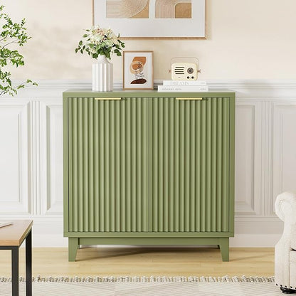 Fluted Cabinet with Storage, 2 Doors Sideboard Buffet, Mid Century Modern Accent Cabinet with Adjustable Shelves, Multifunctional Console Table with Storage for Living Room, Kitchen, Entryway, Green