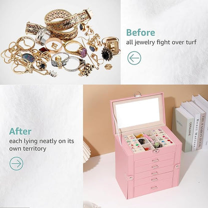 BOOVO Jewelry Box For women, 6 Layer Large Jewelry Organizer With Mirror, Multi-Function Storage Box With Lock, Accessory Holder With 5 Drawers, For Earrings Necklace Ring Bracelet (Pink)
