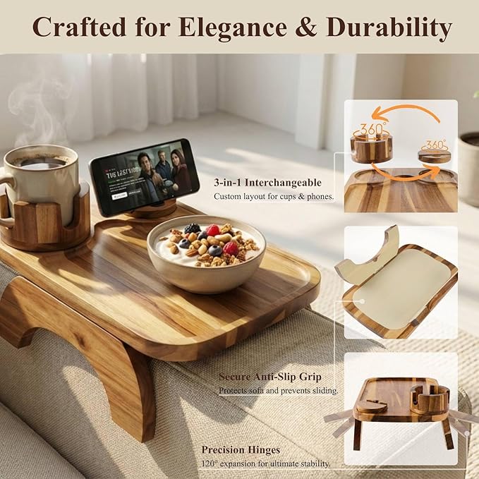 Couch Armrest Table, Acacia Wood Sofa Arm Tray with 360° Rotating Phone & Cup Holder, Clip-On Arm Rest Table for Couch, Anti-Slip Tray for Snacks & Drinks, for Men Dad, 15.4" x 9.8"