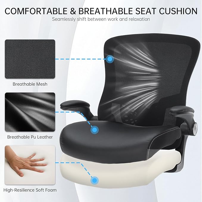 Ergonomic Office Chair, Mid Back Breathable Mesh Desk Computer Swivel Chair with Adjustable Lumbar Support,Flip up Arms,PU Leather Cushion for Home Office, Black