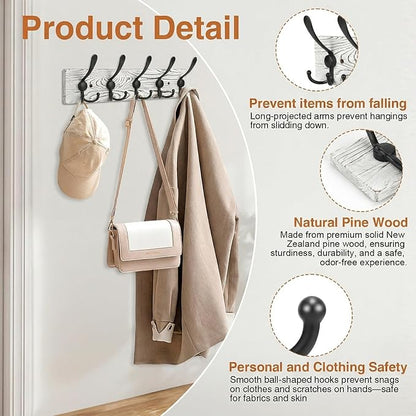 Wooden Coat Rack Wall Mount Heavy Duty, 2 Pack Coat Hanger Wall Mount with 5 Triple Hooks for Clothes, Jacket, Hat, Keys, Space Saving Entryway Organizer for Mudroom (Whte Plate & Black Hooks)