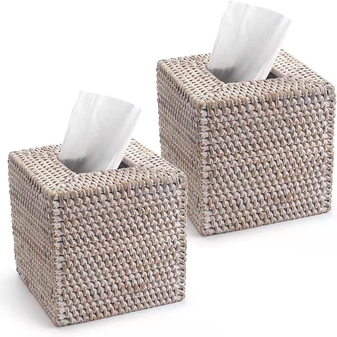 2 Pack Rattan Tissue Box Cover Square, Hand Woven Wicker Tissue Holder, 5.5 x 5.5 X 5.7 inch, Whitewash