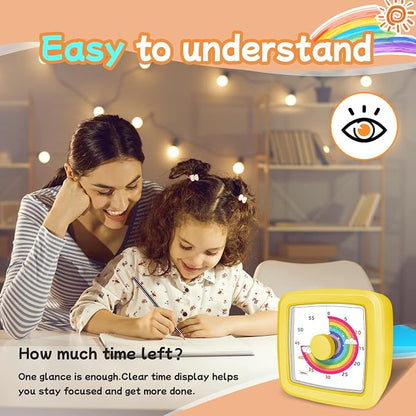 60-Minute Visual Timer for Kids, Silent Countdown Kids Visual Timer with Rainbow Design, Plastic Time Management Tool Timers for Classroom Toddler Homework Kitchen, Focus Tools for Kid,Yellow