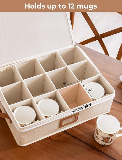 StorageWorks China Storage Container, Stackable Mug Storage Box with Dividers, Stemware Storage Cases, Hard Shell China Cup Organizer, Holds 12 Tea Cups and Coffee Mug, 1 Pack, Beige