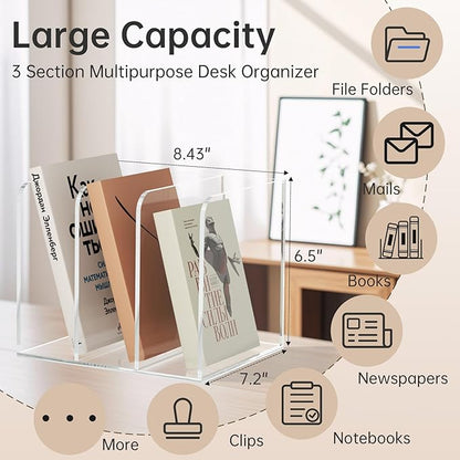 Acrylic Desk Organizer Book Organizer, Magazine File Holder, Vertical File Organizer Stand File Folder Holder, Mail Organizer Countertop Mail Sorter File Sorter, Clear Book Ends Book Holder