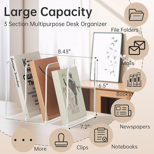 Acrylic Desk Organizer Book Organizer, Magazine File Holder, Vertical File Organizer Stand File Folder Holder, Mail Organizer Countertop Mail Sorter File Sorter, Clear Book Ends Book Holder