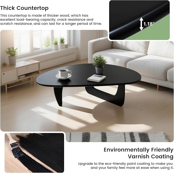 Solid Wood Triangle Coffee Table,Unique Mid Century Modern Oval Coffee Table,Irregular Geometric Tea Tables for Home Living Room with Wooden Tabletop and Reinforced (Black, 33" L x 24" W x 16" H)