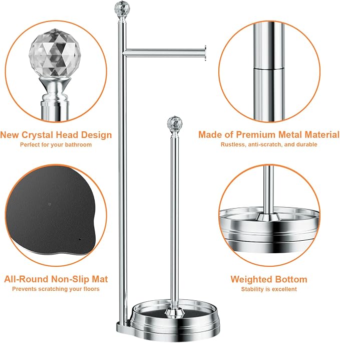 KASUNTO Toilet Paper Holder for Bathroom, Heavy Weighted Metal Free Standing Toilet Paper Holder Stand with Crystal Ball, Toilet Paper Roll Stand for Bathroom Accessories