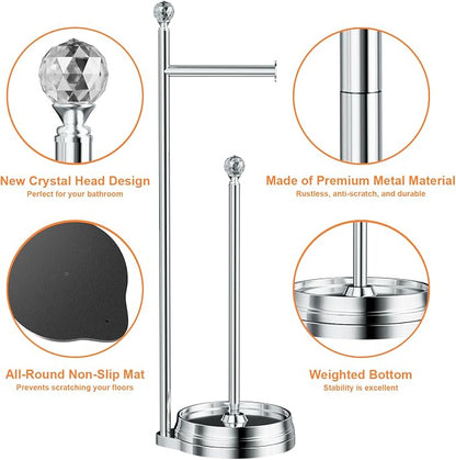 KASUNTO Toilet Paper Holder for Bathroom, Heavy Weighted Metal Free Standing Toilet Paper Holder Stand with Crystal Ball, Toilet Paper Roll Stand for Bathroom Accessories
