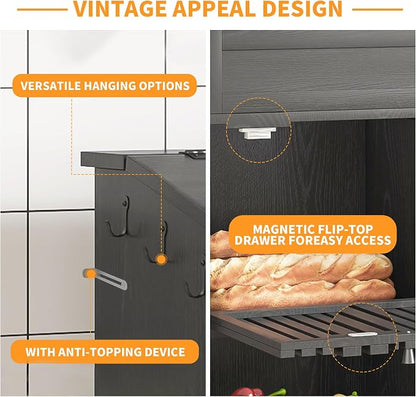 Onion and Potato Storage Bin Box, Farmhouse Fruit and Vegetable Storage, Small Food Kitchen Pantry Cabinet for Snack, Large Bread Box for Homemade Bread, Black Potato Bins