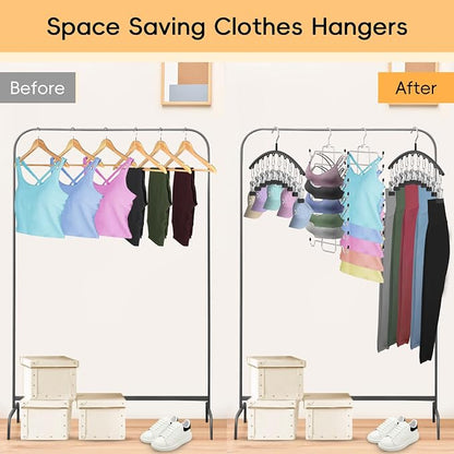 TomCare 4 Pack Space Saving Hangers，2Pack Tank Top Hanger and 2Pack Leggings Organizers for Closet Pants Hangers with 20 Clips Bra Organizers with 16 Hooks Stainless Steel Hanging Closet Organizer