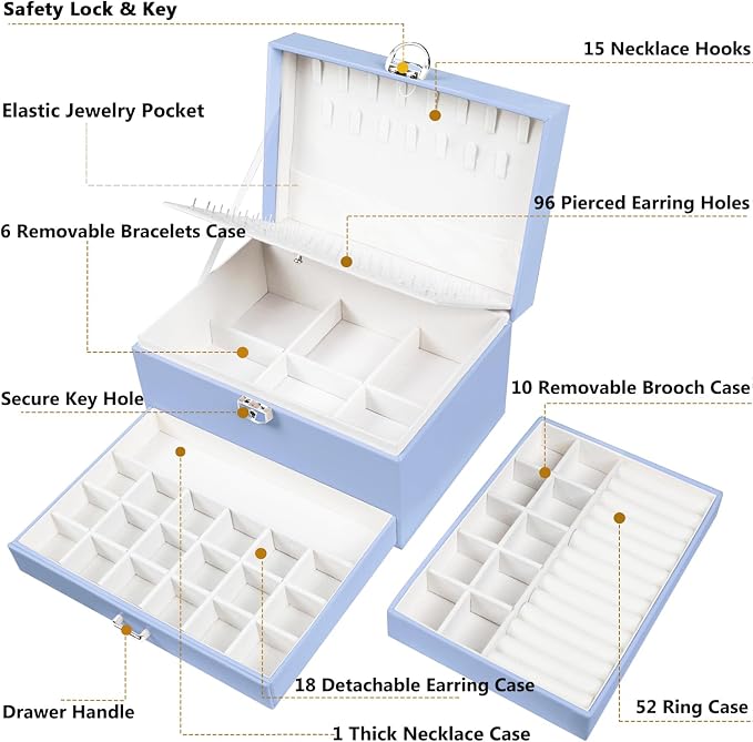 QBestry Earrings Jewelry Box for Girls, 5 Layers Jewelry Organizer with Earring Holder Organizer for Girls Earring Organizer Jewelry Boxes for Women Earrings and Necklaces Jewelry Box Organizer Blue