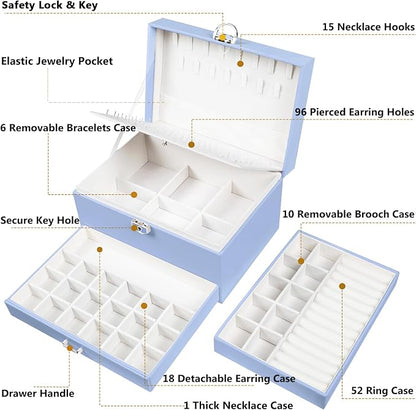 QBestry Earrings Jewelry Box for Girls, 5 Layers Jewelry Organizer with Earring Holder Organizer for Girls Earring Organizer Jewelry Boxes for Women Earrings and Necklaces Jewelry Box Organizer Blue