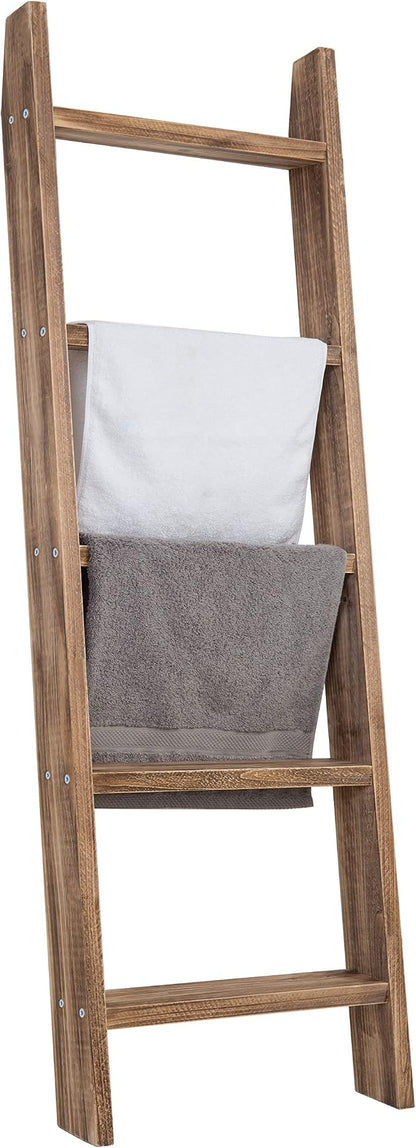 MyGift 4ft Tall Rustic Burnt Natural Wood Wall Leaning Blanket Ladder Shelf with 5 Rungs, Decorative Living Room Throw and Quilt Holder, Farmhouse Bedroom Decor