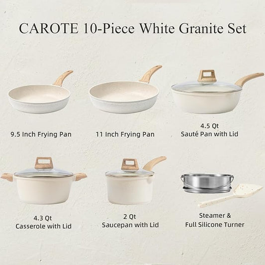 CAROTE 10Pcs Pots and Pans Set Nonstick, Non Stick Cooking Set w/Frying Pans & Saucepans, Induction Kitchen Cookware Set