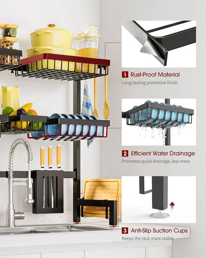 Sakugi Dish Drying Rack - Over The Sink Dish Drainer Drying Rack with Utensil & Knife Holder, Hooks, Stainless Steel Kitchen Organizers and Storage Solution, 11.8" D x 31.5"~39.0''W x 30" H, Black