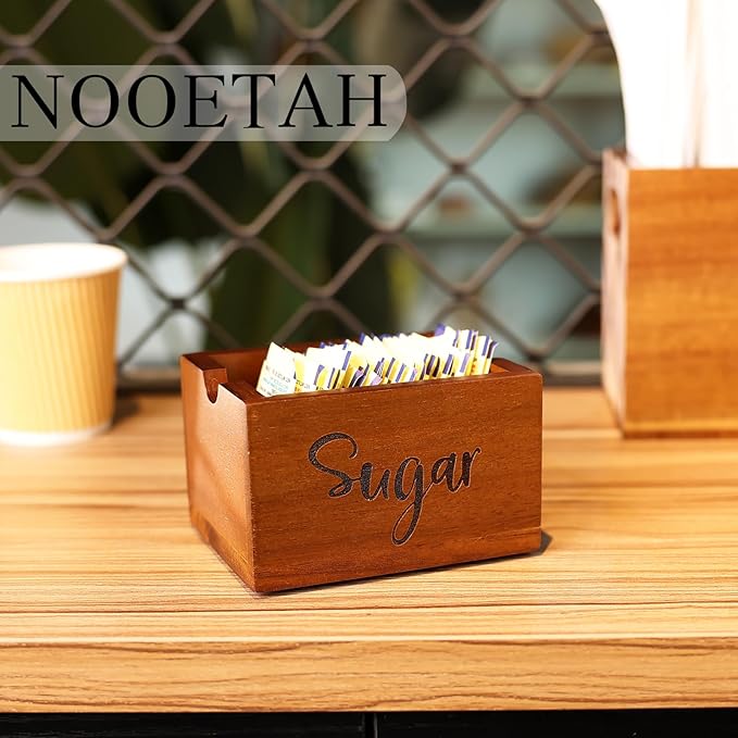 Acacia Sugar Packet Caddy for Coffee Bar, Farmhouse Wood Sugar Holder Packets , Sugar Packet Container, Small Tea Bag Organizer for Office Table,Hotel, Restaurant, Brown Labeled Sugar