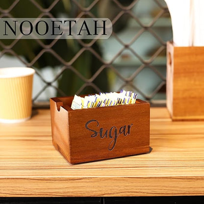 Acacia Sugar Packet Caddy for Coffee Bar, Farmhouse Wood Sugar Holder Packets , Sugar Packet Container, Small Tea Bag Organizer for Office Table,Hotel, Restaurant, Brown Labeled Sugar