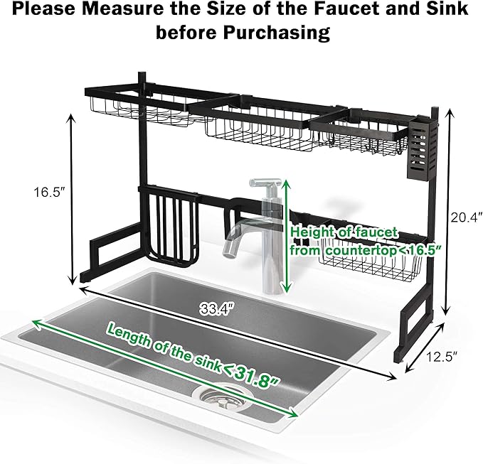 LUCKYERMORE Over The Sink Dish Drying Rack, 2 Tier Dish Drying Rack,Dish Drainer Rack for Kitchen Counter Organization and Storage,Space-Saving Dish Rack,33.4" x 12.5" x 20.4", Black