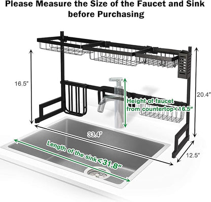 LUCKYERMORE Over The Sink Dish Drying Rack, 2 Tier Dish Drying Rack,Dish Drainer Rack for Kitchen Counter Organization and Storage,Space-Saving Dish Rack,33.4" x 12.5" x 20.4", Black