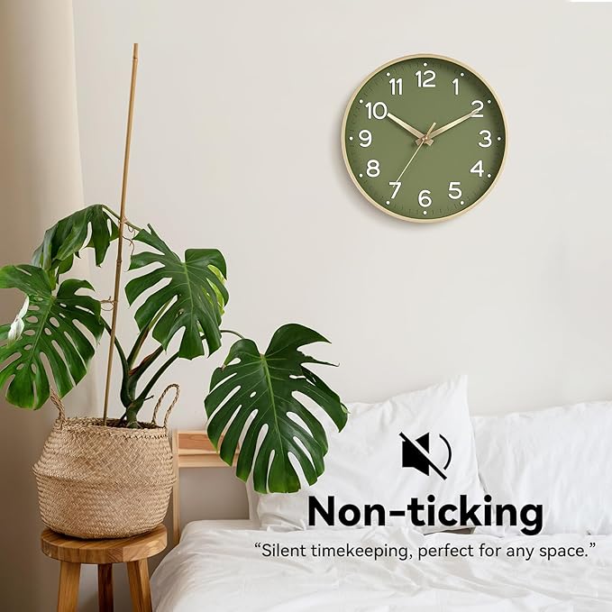 Roymnie Wall Clock 12 Inch Silent Green Wall Clocks Battery Operated- Modern Non Ticking Analog Clock Decorative for Living Room Bedroom Office Kitchen(Gold)