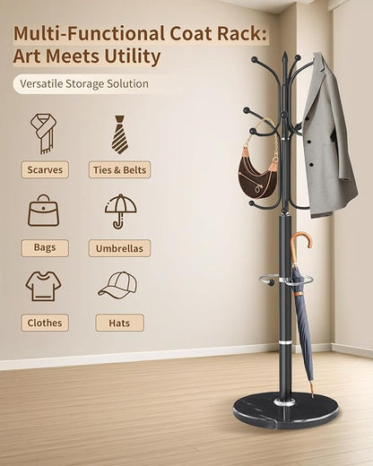 EZIVIEZ Modern Coat Rack Stand, Metal Freestanding Coat Rack with Natural Marble Base, Heavy-Duty Coat Racks with Umbrella Holder,Black Coat Hanger Stand with 12 Hooks for Office, Entryway, Hallway