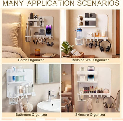 Novabright White 13 x 10 Inch Bedside Wall Organizer for Bedroom, Large Metal Floating Bedside Shelf Wall Mount Storage for Phone Remote Control Cup Holder Dorm Room, Rv, Small Room Accessories