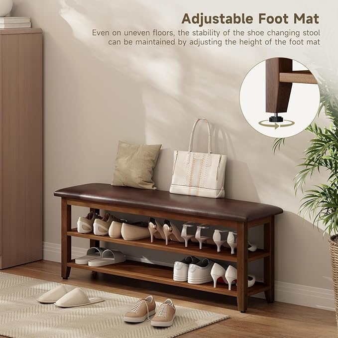 Shoe Bench with Leather Cushion,Wood Bench with Shoe Rack,2-Tier Shoe Storage Organizer for Entryway,Hallway,Living Room (Brown, 2-Tier-47.3")