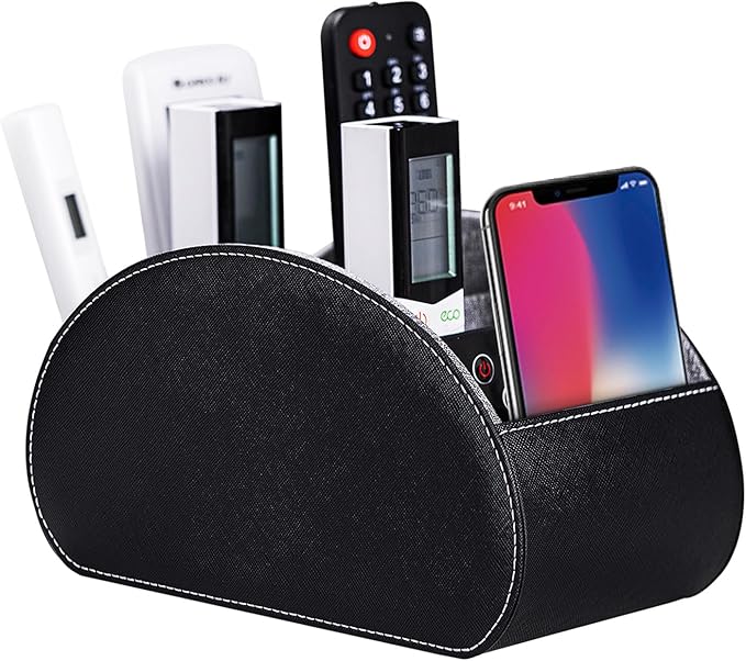 BONNY DODO Remote Control Holders Organizer Box with 5 Compartment PU Leather Multi-functional Office Desk Storage Caddy Store Tv Remote for Media Player,Brush,Pencil,Glassees&Office Supplies (Black)