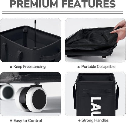 CHICVITA 75L Slim Laundry Hamper with Wheels and Removable Wash Bag, Black Rolling Basket with Handle for Laundry Room