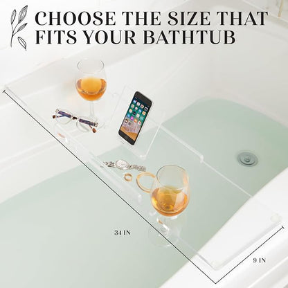 34" Supreme Plus- Luxury Bathtub Tray Caddy- 3/8" Thick, Clear Bath Tub Tray Table for 1 or 2 Bathers, Acrylic Bathtub Caddy, iPad and 2 Wine Glass Holders (Supreme Plus, 34")