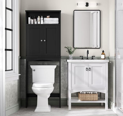 Over The Toilet Storage Cabinet, Over The Toilet Storage with Adjustable Shelf and Double Doors, Above Toilet Storage Cabinet for Bathroom Storage Over Toilet Bathroom Organizer (Black)