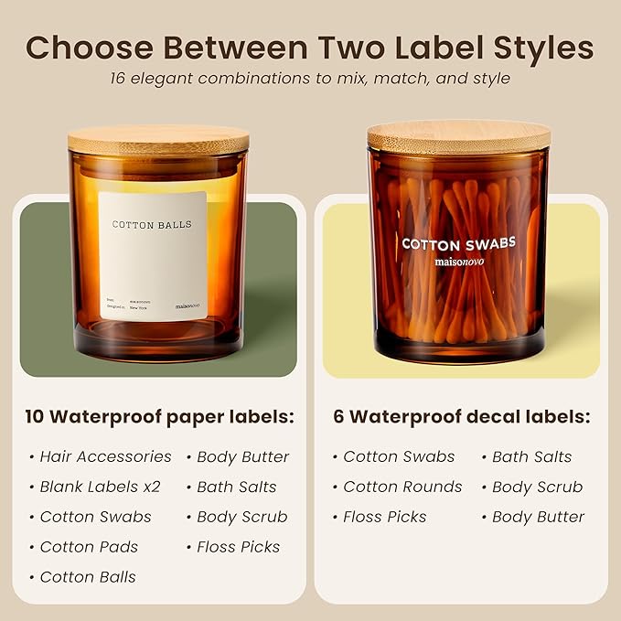 Maisonovo Glass Bathroom Containers with Lids (Airtight) - Qtip Holder - Apothecary Jars for Cotton Rounds, Swabs, Balls - Amber Bamboo Q Tip Dispenser - 2 pc Bathroom Canisters Set for Organization