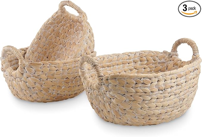 Set of 3 Wicker Storage Baskets for Organizing - Woven Decorative Baskets with Handles - Organizers for Bathroom, Kitchen, and Shelves (White)