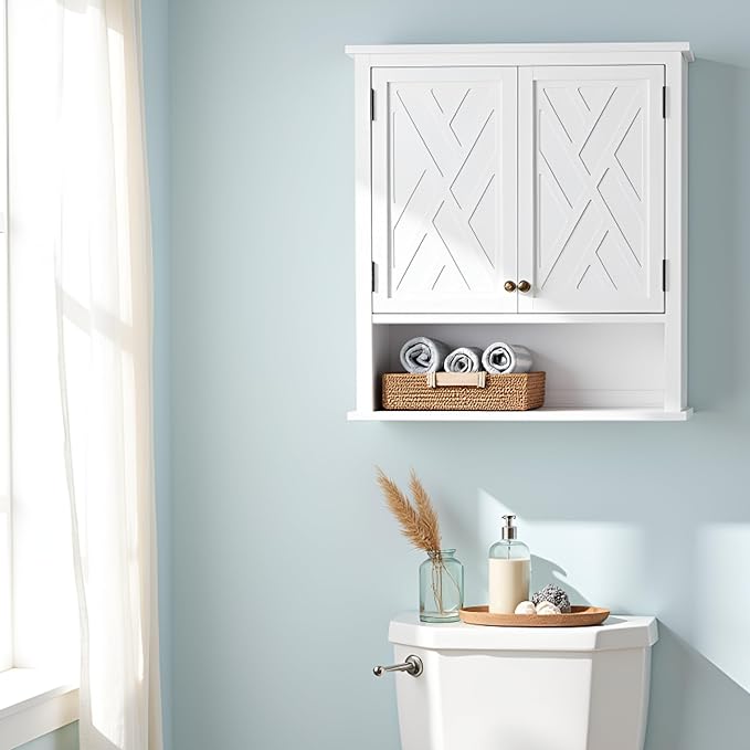 Alaterre Furniture Coventry 27W x 29H Wall Moted Bath Storage Cabinet with Two Doors and Open Shelf