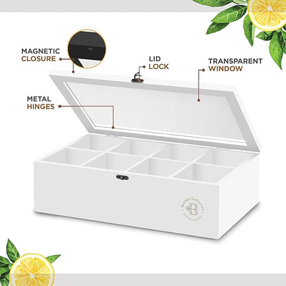 Tea Bag Organizer with Drawer - Bamboo Tea Box Organizer, 8-Compartment Tea Storage Box with Acrylic Lid and Magnetic Closure, Tea Box for Kitchen Counter, Gifts for Mom, Wife, Tea Lovers (White)