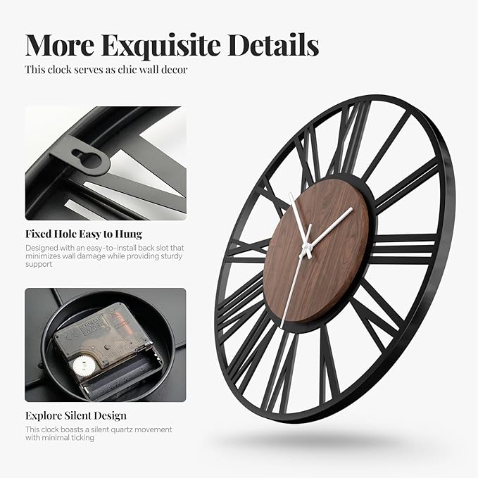 24 inch Large Wall Clock for Living Room Decor, Decorative Wood Metal Wall Clock Battery Operated Silent Non Ticking, Modern Black Round Big Clocks for Bedroom, Kitchen, Office Decor-Roman Numerals