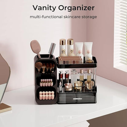 UFORU Makeup Organizer for Vanity with Brush Holder, 2 Tiers Countertop Skincare, Cologne Organizer and Perfume Stand for Men Bathroom Vanity, Large Capacity Makeup Storage, Black