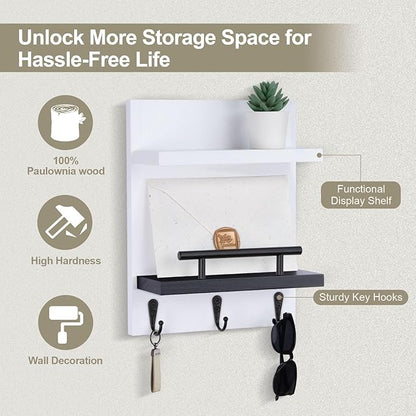 Key Holder Wall Mount, Key Holder With 2 Display Shelf, 3 Hooks for Key, Coat, Dog Leash, Key Hanger with Hook for Mail, Potted Plant, Farmhouse Mail Holder, Entry Way Organizer (White & Black)
