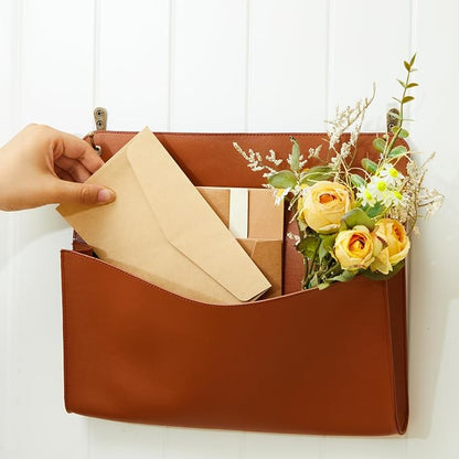 Marspark 2 Set PU Leather Mail Holder Wall Mount 12.2x10.24 Inch Leather Letter Holder 2 Ring Binder Hanging Wall File Organizer Mail Sorter for Decor Storage Letter Postcard Flower Home Office(Brown)