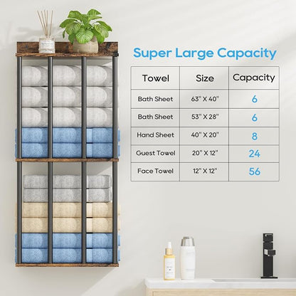 Towel Racks for Bathroom Wall Mounted, Updated 4 Bar Wall Towel Holder | Large Bathroom Towel Storage Rack for Rolled Towels, Vintage Metal Towel Organizer Shelf with Wooden Storage Shelf