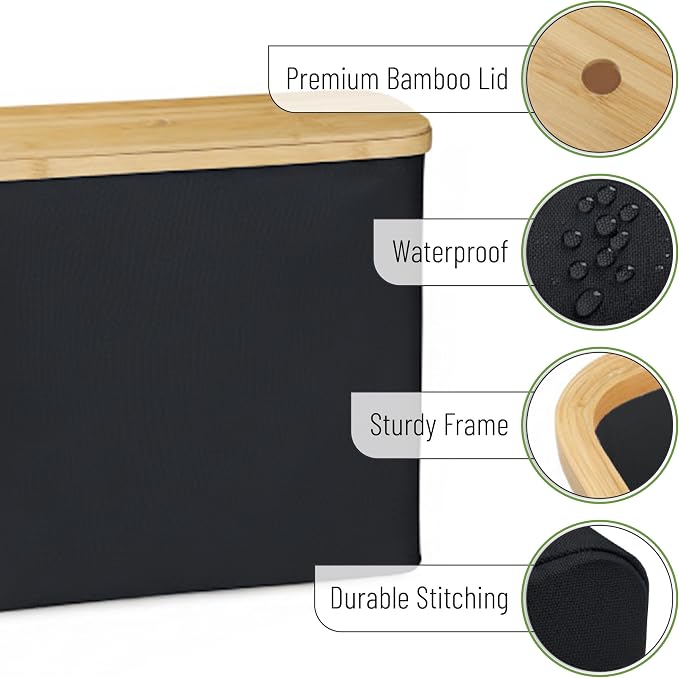 BAMBOO LAND- Toilet Paper Storage with Bamboo Lid for 12 Rolls, Black, Waterproof Bamboo Toilet Paper Holder Basket